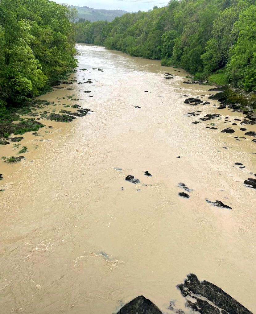 The Wye at Erwood resembling coffee due to a landslide during heavy rain in the Ithon catchment.